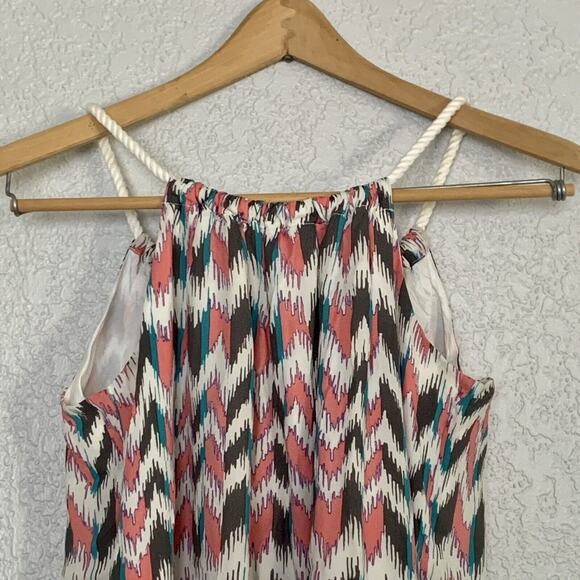 81 Poppies Silk Mini Shift Dress Juniors Size 0 Pink Teal Gray Chevron Print - Picture 2 of 7